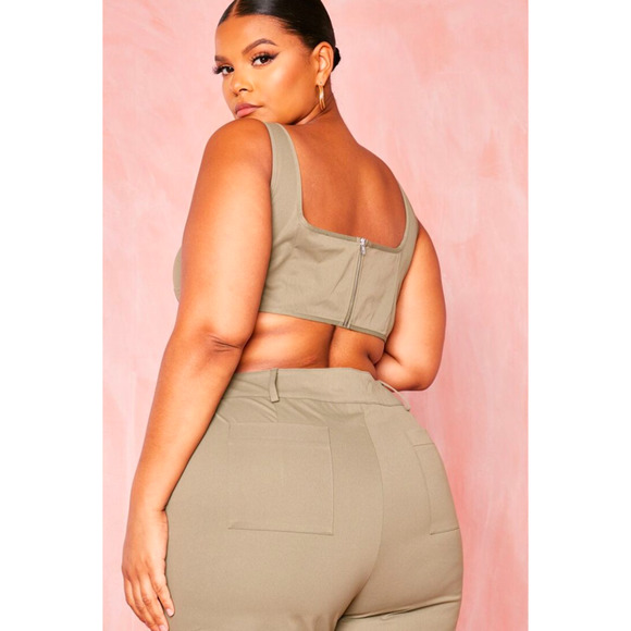 Prettylittlething Plus Khaki Twill Dip Hem Structured Cargo Corset Size 16 NWT - Picture 2 of 7